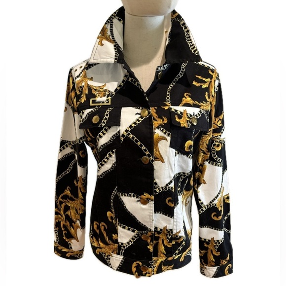 Drapers & Damons Jackets & Blazers - 90s ACANTHUS & CHAIN JEAN JACKET WHITE, BLACK, & GOLD PATTERN BRASS TONE DETAILS